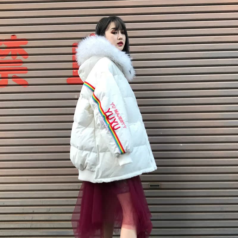 N-one冬季新款时髦彩虹条纹中长款连帽羽绒服女