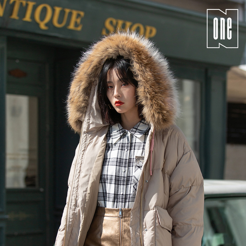 N-one冬装新款粉色羽绒服茧型宽松大毛领外套女
