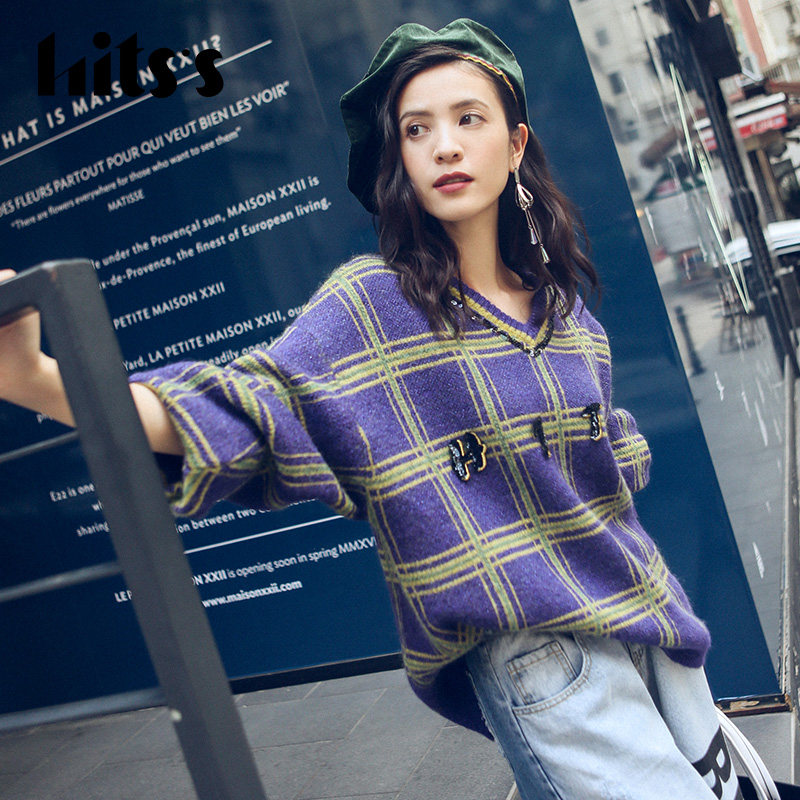 【N-one】hitss女装秋季新款V领格子针织打底毛衫