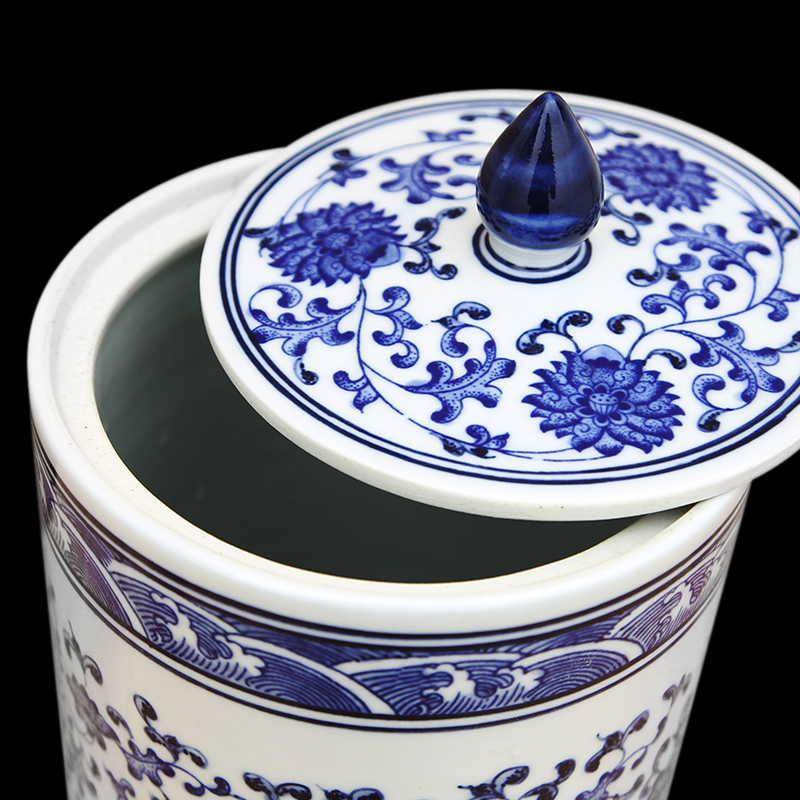 Jingdezhen blue and white porcelain storage tank bound branch lotus lines straight who mandarin orange red, green tea, pu 'er as cans not sealed with cover