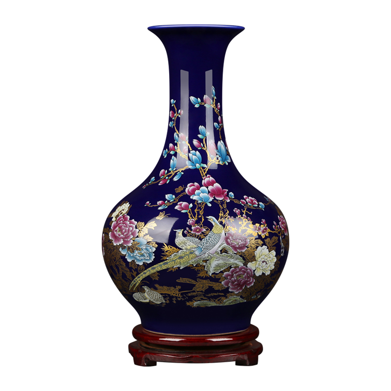 To ceramics ji blue large ground vase peony golden pheasant TuShang bottles