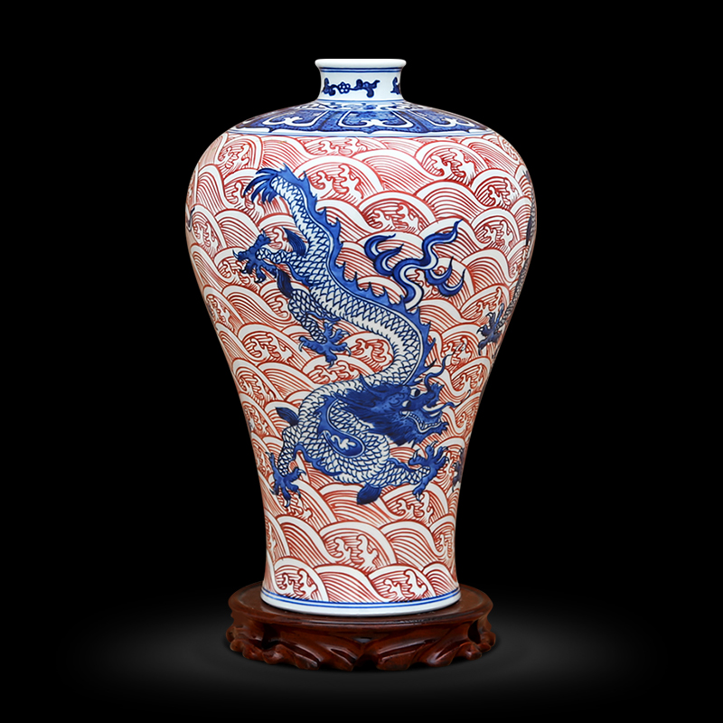 To ceramics hand - made of blue and red sea dragon bottle
