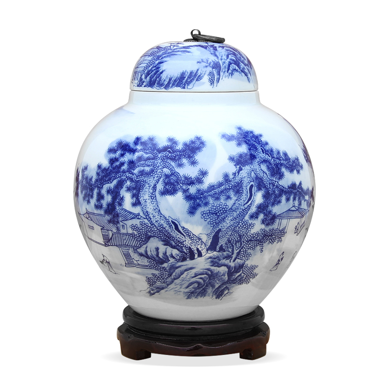 Blue and white porcelain of jingdezhen ceramics storage tank lotus seed tank sitting room adornment can restore ancient ways furnishing articles with cover copper ring