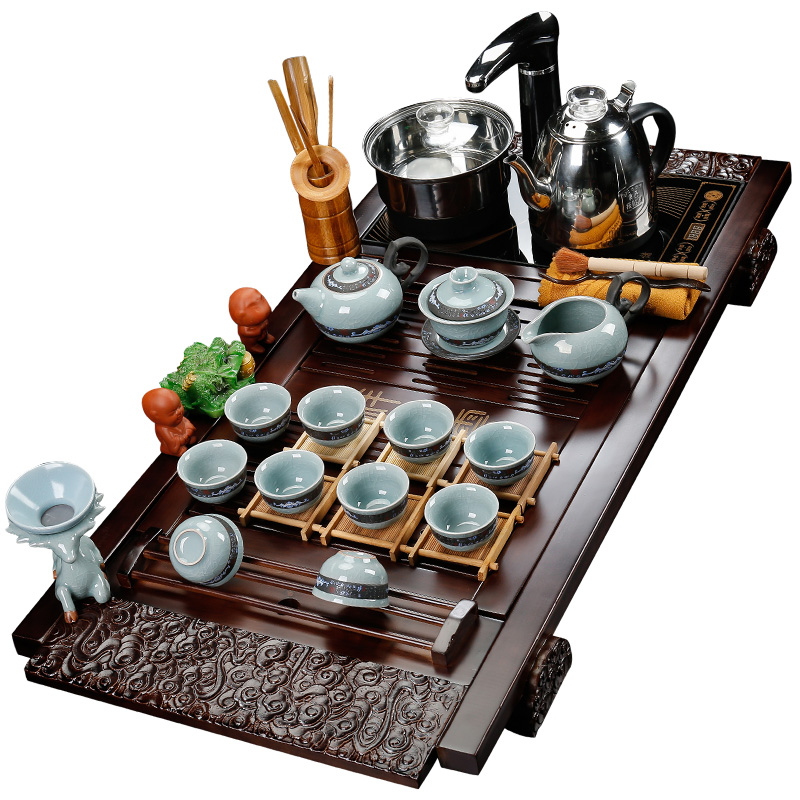 Back on the whole ice crack kung fu tea set ceramic cups four unity of household electrical appliances tea tea solid wood tea tray