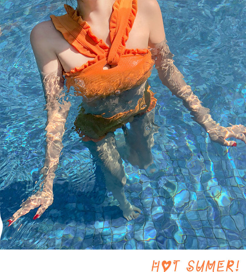 实拍韩国个性交叉肩时尚比基尼姜黄色分体三角泳衣女高腰遮肚泳装