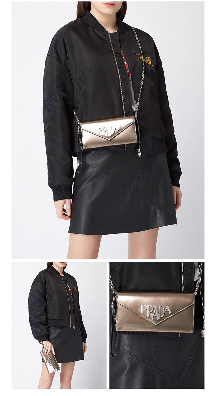 prada/普拉达 经典款银灰色牛皮logo女包手提包单肩斜挎包链条包