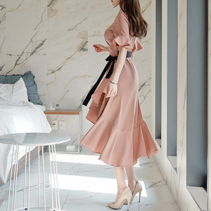 Spring and summer new Korean style elegant intellectual thin Lace Up Dress Medium Length Skirt