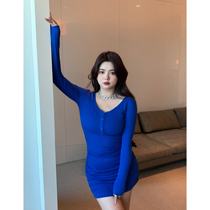 King Grape Slightly Fatter Custom Spring Klein Blue Dress Dress Big Code Fat Mm Display Slim Long Sleeve Folds Knitted Dress