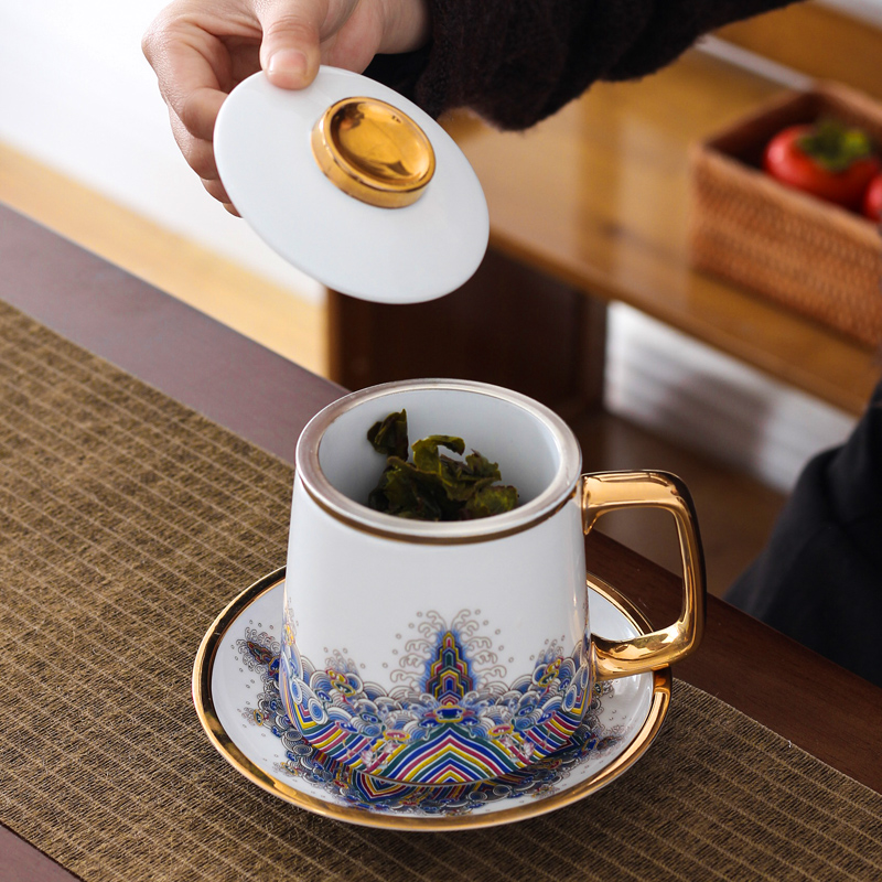 Colored enamel porcelain tea cups with cover separation filter tank tea Chinese wind of the imperial palace coppering. As office cup silver cup