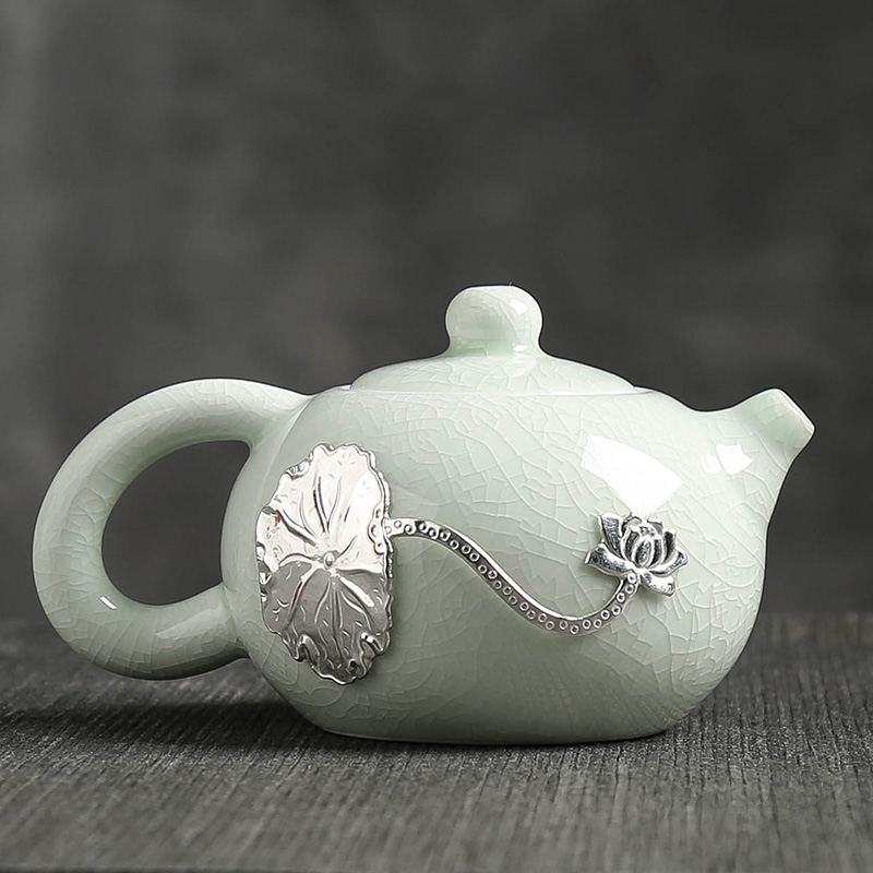 Hand your up ceramic tea single girder pot pot of longquan celadon silver kung fu tea ice to crack the xi shi pot of household