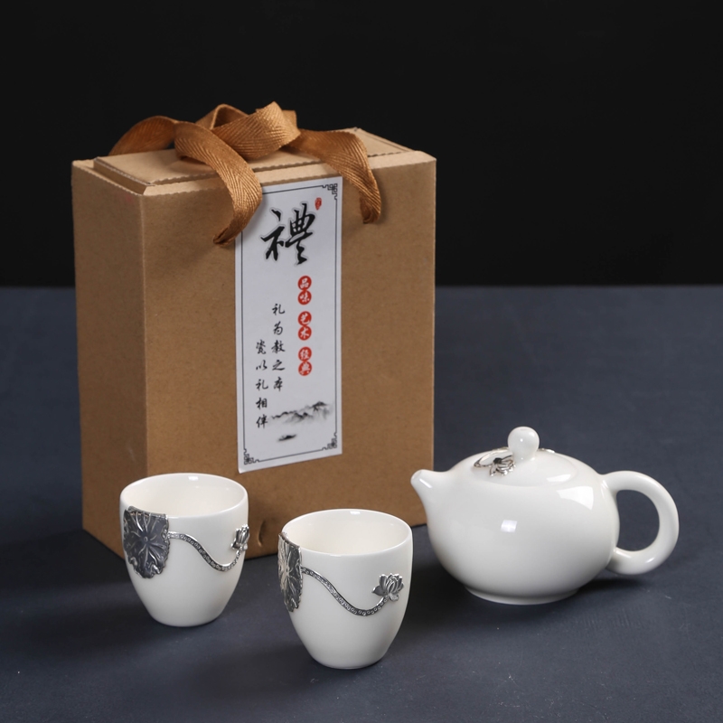 Dehua white porcelain with silver, a pot of two portable is suing jade porcelain ceramic crack cup travel tea set kung fu tea set