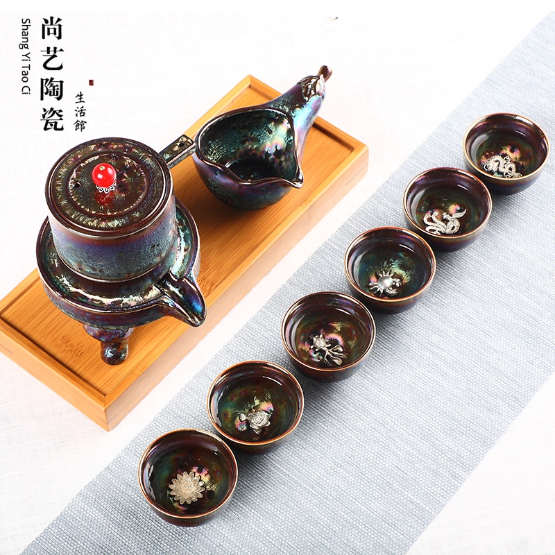 Colorful up with silver, semi - automatic kung fu tea set household whitebait glass ceramic lazy stone mill make tea