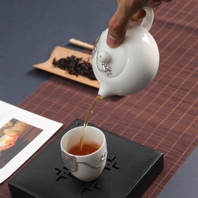 Dehua white porcelain with silver, a pot of two portable is suing jade porcelain ceramic crack cup travel tea set kung fu tea set