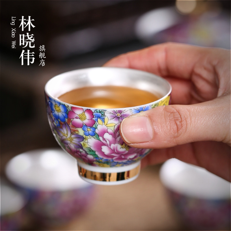 Colored enamel kung fu tea tasted silver gilding ceramic sample tea cup with personal cup of tea service master single CPU pu - erh tea flower tea cups
