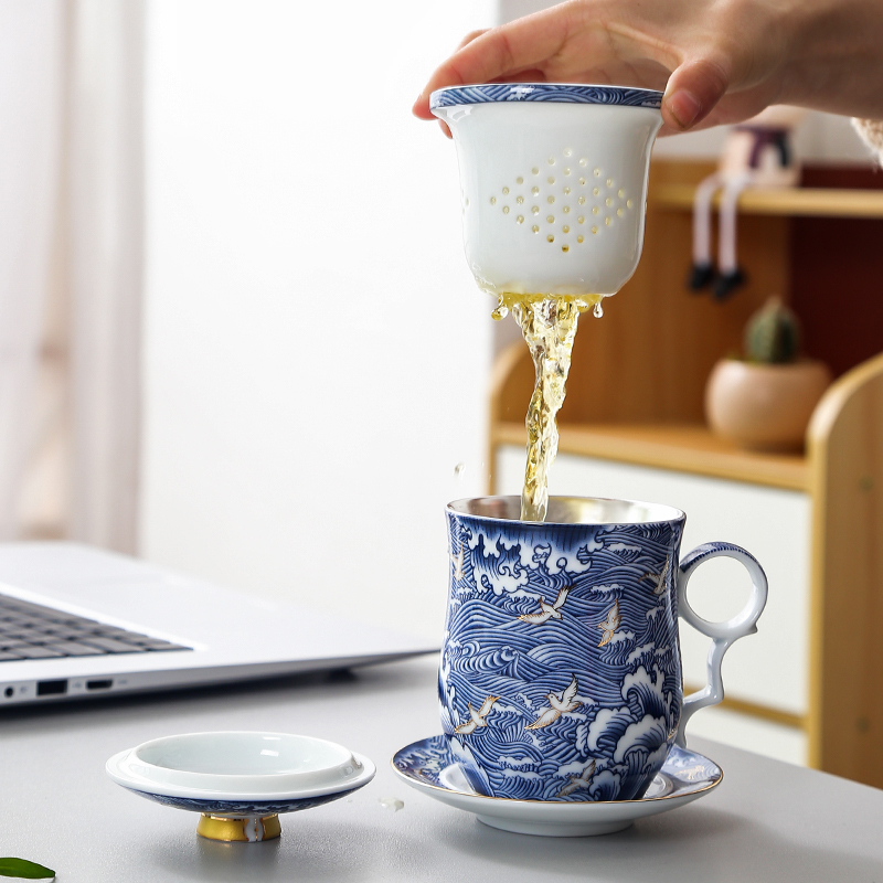 Jingdezhen 999 sterling silver enamel porcelain teacup coppering. As silver mark cup with cover cup office master CPU