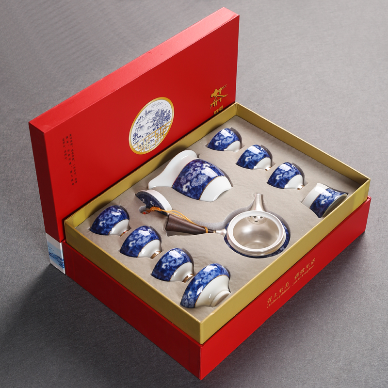 Jingdezhen blue and white porcelain tea set suit Japanese household silver ceramic kung fu tea set side of a complete set of the pot of tea cups