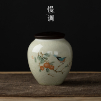 Slow-tune ancient green glaze tea cans household moisture-proof sealed cans small storage tanks ceramic wooden lid storage tea cans tea bins