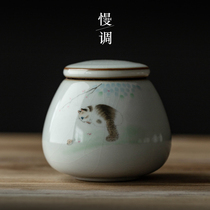 Slow adjustment cute cat Ru Tao tea pot Ceramic sealed pot moisture-proof mini small storage tea pot Household tea warehouse