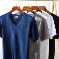 Male grid ice silk No-mark short sleeve T-shirt male v collar summer thin stretch with elastic body jacket Sport speed dry and compassionate half