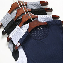 Mens ice silk mesh vest mens summer tide thin hollow breathable quick-drying sports wide shoulder sleeveless T-shirt bottoming