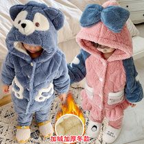 In 2021 the new boy thickened the warm-up suit and autumn winter girl's home clothing baby flannel pajamas