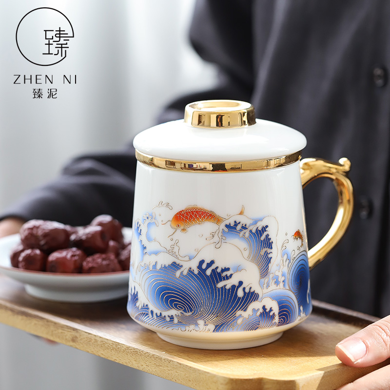 By mud China office cup of dehua white porcelain suet jade wind tide mark cup countries colored enamel paint make tea cup By hand