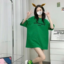 2022 summer new large size womens green simple letter oversize short-sleeved T-shirt womens mid-length trendy