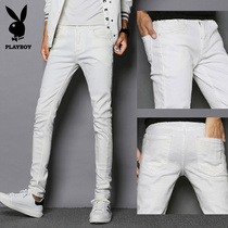 Playboy mens white jeans mens slim feet spring and summer new Korean edition stretch teen slacks