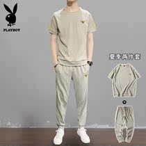 Playboy leisure suit mens summer 2021 new Korean version of the trend summer ice silk clothes mens two-piece set