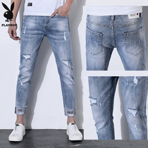 Playboy light-colored jeans male holes slim Korean version of small feet nine-point pants tide beggar pants male scraped