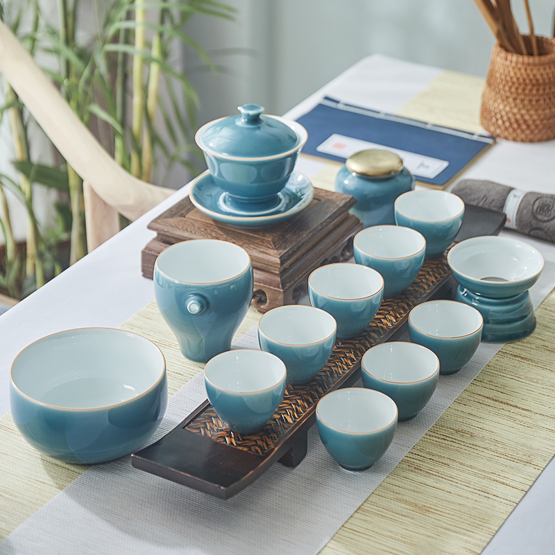 Jingdezhen ceramic kung fu tea sets tea cup home sitting room pure color side put lid bowl of high - end gift box