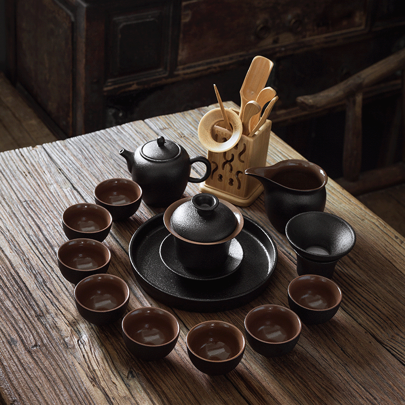 Tea sets of household ceramic kung fu Tea set Japanese restoring ancient ways of dry Tea Tea tray was coarse ceramic Tea set bamboo cups
