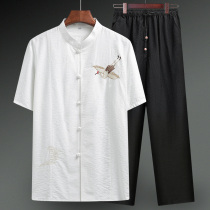 Middle-aged and elderly cotton linen short sleeve suit Tang suit male father summer shirt Chinese style linen old man grandfather clothes