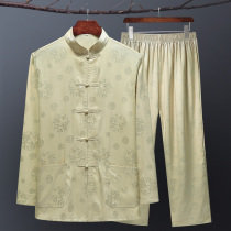 Middle-aged Tang dress mens large size long-sleeved shirt spring and Autumn thin dad outfit Chinese style old man grandpa suit