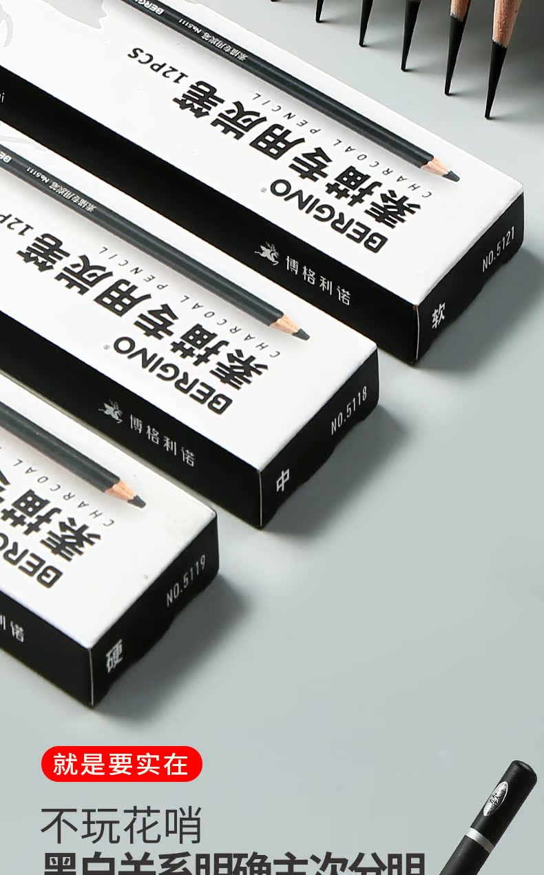 博格利诺黑炭笔软碳12支软中硬套装素描炭笔美术生专用速写用品初