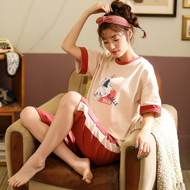 Pajamas summer thin women can wear cotton short-sleeved shorts cute student two-piece cotton home service suit Pajamas summer thin women can wear cotton short-sleeved shorts cute student two-piece cotton home service suit