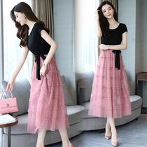 Orgen yarn stitching dress women's summer mesh spring and summer new dress long Korean temperament waist Shu