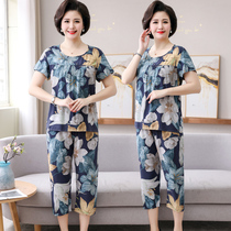 Mom pajamas summer thin printed cotton set elderly women home clothes artificial cotton middle-aged and elderly two-piece set