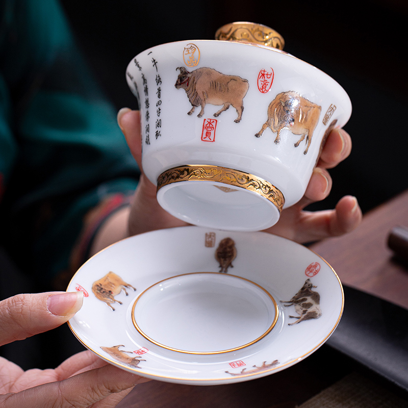 Jingdezhen official flagship store of ceramic tea set suit household glaze color five NiuTu tureen JRT cup combination