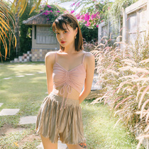 OMOM swimsuit Womens split three-piece skirt conservative thin chest gathered Sanya bath suit Girl swimsuit