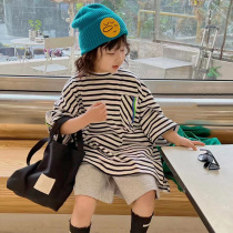 Korean Boy Clothing 2022 Summer Children Loose Casual Ocean Striped T-shirt Boy Girl Tide Fan Short Sleeve Blouse