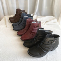 Snake Thread Splicing Earth Big Code Lady Short Boots Genuine Leather Tip Boots Head Layer Bull Leather Heel High Heel JJ