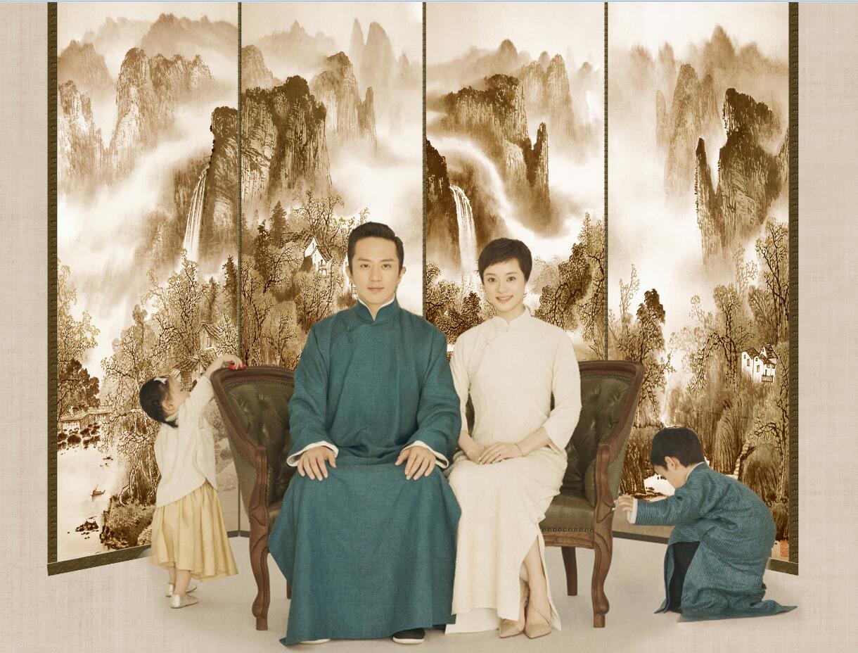 邓超孙俪中国风素雅工笔画古装全家福影楼摄影背景 婚纱 儿童背景