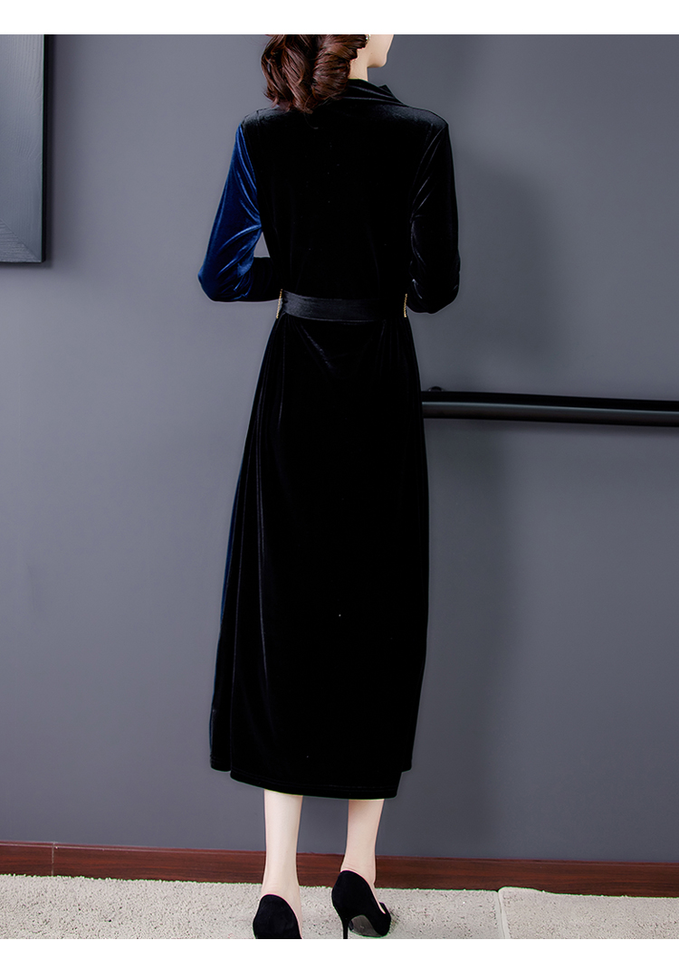 金丝绒连衣裙秋冬装2020新款长袖中长款过膝复古立领钉珠撞色裙子