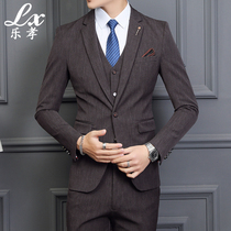 Mens suit suit British style fashion vertical pattern suit Three-piece slim business dress Groom wedding dress