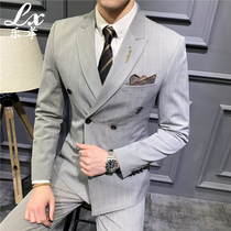 Suit mens suit Ruffian handsome striped suit British slim double-breasted suit three-piece groom wedding dress tide