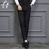 Trousers mens business formal small straight trousers spring new plaid slim suit pants Yuppie hanging trousers tide