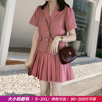 Large size college style set 2021 summer new fat mm Net Red foreign gas small suit temperament pleated skirt two-piece tide