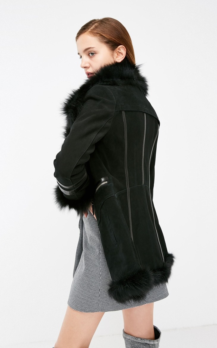 vero moda冬羊皮革狐毛皮翻领拉链皮衣