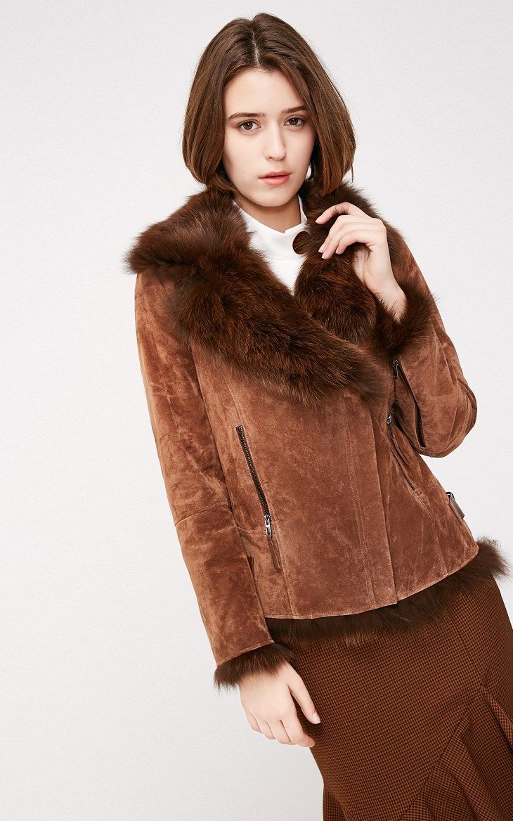 vero moda冬绵羊皮革拼接毛皮翻领皮衣外套